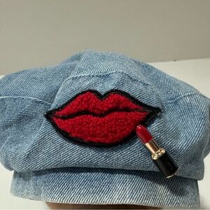 Denim Beret with Red Lips Patch and lipstick